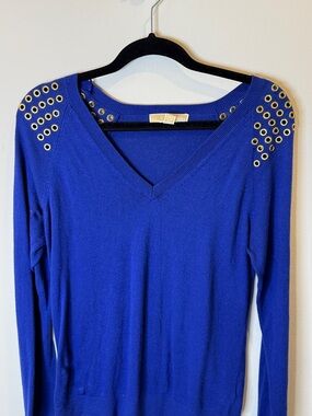 Michael Kors Royal Blue V-Neck Sweater with Gold Eyelet Details